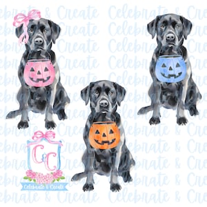 May include: Three watercolor illustrations of black Labrador Retrievers dressed in Halloween costumes. Each dog is holding a pumpkin bucket with a different color: pink, blue, and orange. The dogs are sitting on a white background with the text "Celebrate & Create" repeated in the background.