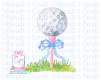 Watercolor Pink Golf Tee with Blue Bow PNG Clipart Stationery Grandmillennial Coquette Preppy Tournament Masters Country Club Golf Cart Ball