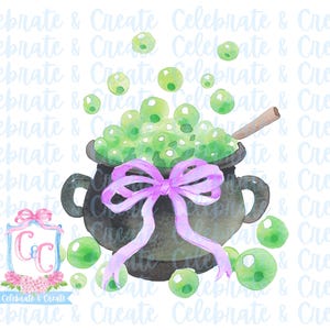 May include: A black cauldron with a purple ribbon and green bubbles floating above it. The cauldron is on a white background.