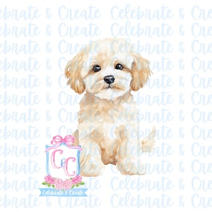 Puede incluir: Una pintura de acuarela de un perro pequeño de color marrón claro con un lazo rosa en la cabeza. El perro está sentado frente a un escudo azul y blanco con las letras "C&C" en él. El escudo está rodeado de flores rosas. El texto "Celebrate & Create" está escrito debajo del escudo.