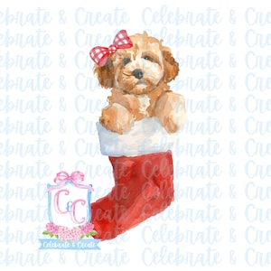 May include: A watercolor painting of a small, light brown dog wearing a red and white bow, sitting inside a red stocking with white trim. The dog is looking to the left. The background is white with the text "Celebrate & Create" repeated in a light blue color.