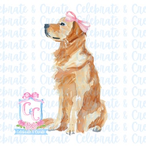 Watercolor Golden Retriever Puppy Dog with Pink Bow PNG Clipart Stationery Grandmillennial Coquette Preppy Girly Notepad Card Wall Art
