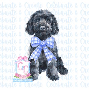 Doodle doré noir aquarelle chien Labradoodle Goldendoodle avec noeud bleu PNG Clipart papeterie grand millénaire Coquette preppy chiot garçon