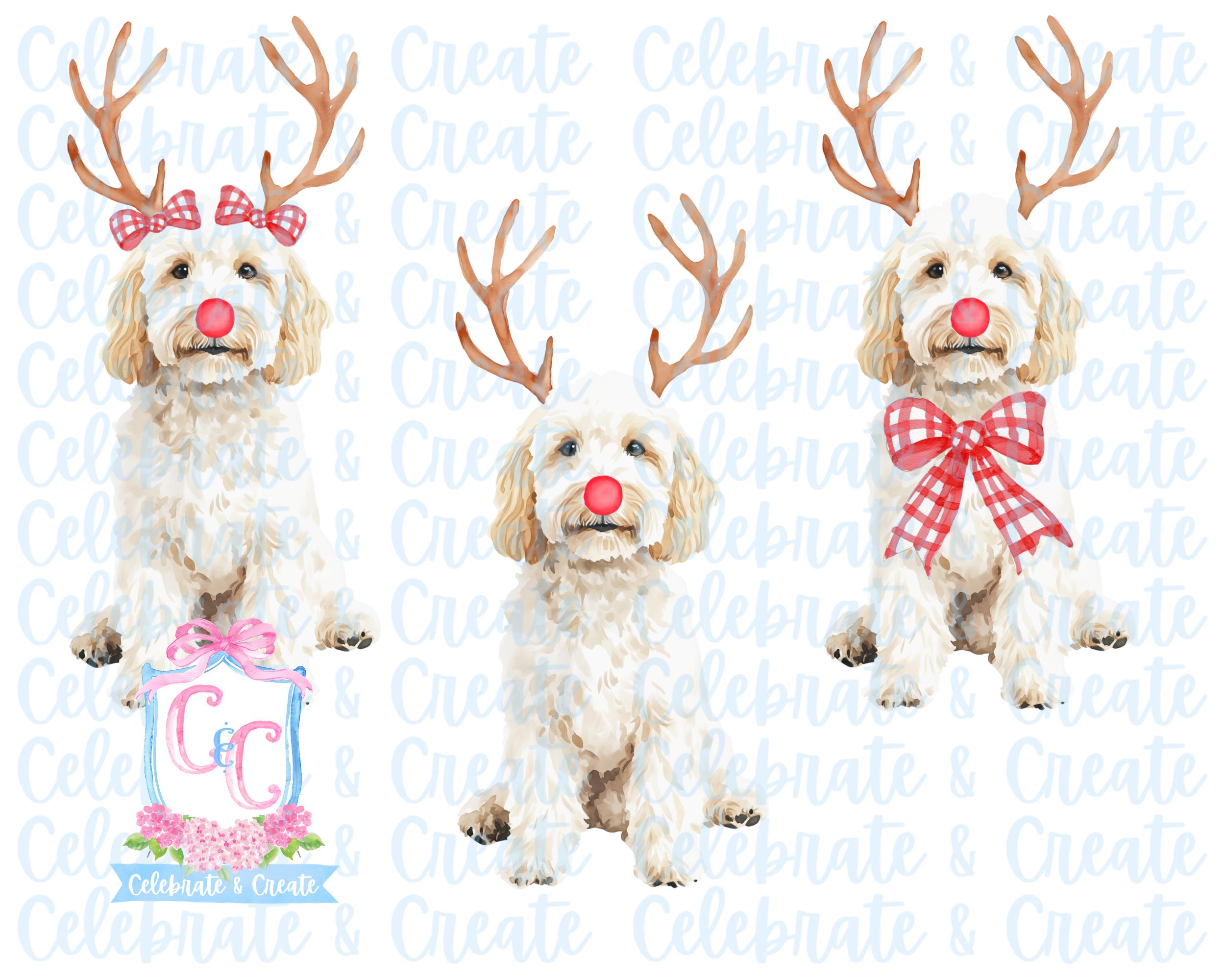 Set of 3 Watercolor Rudolph Cream Golden Doodle Goldendoodle Antlers ...