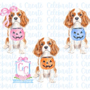 Conjunto de acuarela de 3 cachorros de perro Cavalier King Charles Spaniel de Halloween, cubo de dulces de calabaza PNG, clipart Grandmillennial Preppy Doodles AI