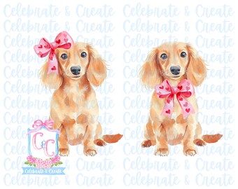 Watercolor Long Haired Dachshund Weenie Weiner Dog PNG Clipart Grandmillennial Doodles AI Drew Valentine Valentine’s Day Puppy Love