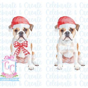 Set van 2 aquarel kerstmuts Engelse Bulldog-bull dog hond puppy gewei & rode neus PNG clipart Grandmillennial doodles AI Drew Christmas
