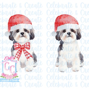 Set van 2 aquarel kerstmuts Maltipoo Cavapoo hond puppy gewei & rode neus PNG clipart Grandmillennial Doodles AI Christmas