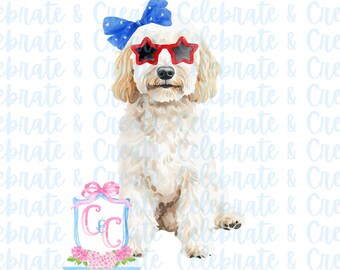 Goldendoodle Golden Doodle Labradoodle (3) aquarel hond patriottische Memorial Day 4 juli Labor Independence Grandmillennial