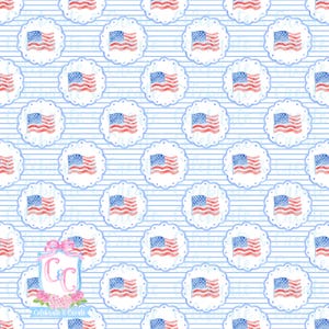 May include: A repeating pattern featuring watercolor American flags within scalloped white frames, set against a backdrop of blue and white horizontal stripes. The flags have red and white stripes and a blue field with white stars.