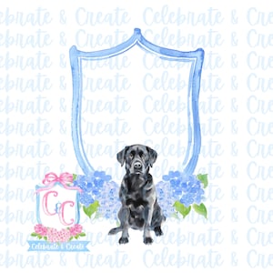 Könnte beinhalten: Ein schwarzer Labrador Retriever sitzt vor einem blauen Aquarellrahmen mit floralem Design. Der Rahmen hat einen weißen Hintergrund und der Text "Celebrate & Create" ist darunter geschrieben.