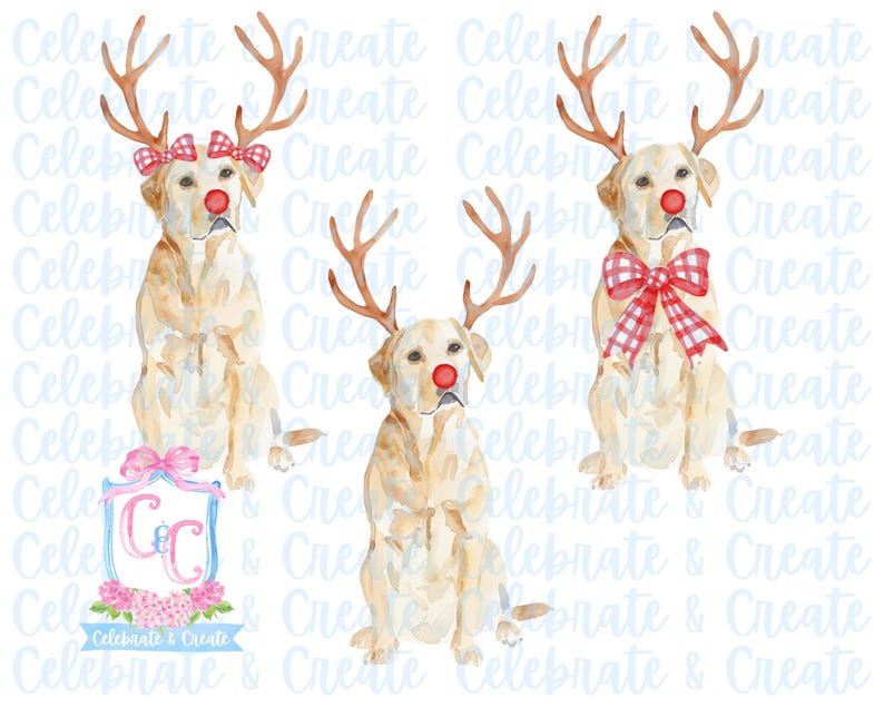 Set of 3 Watercolor Rudolph Yellow Lab Labrador Retriever Antlers & Red ...