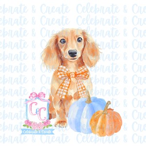 Peut inclure: Une peinture à l'aquarelle d'un teckel portant un nœud papillon à carreaux et assis à côté d'une citrouille bleue et d'une citrouille orange. L'arrière-plan est bleu clair avec le texte "Celebrate & Create" répété.