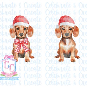 Set van 2 aquarel kerstmuts kortharige teckel weenie weiner gewei & rode neus PNG clipart Grandmillennial doodles AI Christmas