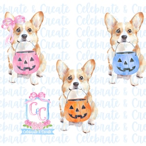 Aquarell 3er-Set Halloween Corgis Englisch Welsh Hund Welpen Kürbis Candy Bucket PNG Clipart Grandmillennial Preppy Doodles AI