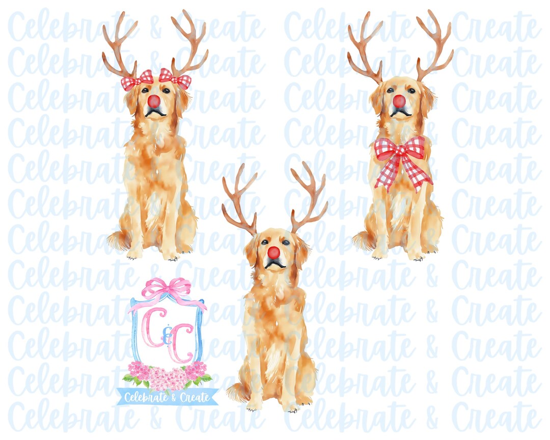 Set of 3 Watercolor Rudolph Golden Retriever Labradoodle Dog Antlers ...