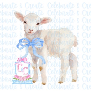 Aquarell Baby Boy Lamm Schaf Blau Schleife PNG Clip Art Grandmillennial Coquette Creme Weiß Ankündigung Dusche Ostern Frühling Krippe