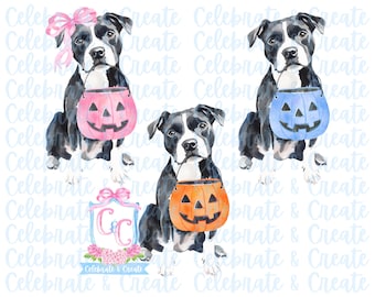 Watercolor Set of 3 Halloween Pit Terrier Pit Bull Pitbull Dog Puppy Pumpkin Candy Bucket PNG Clipart Grandmillennial Preppy Doodles AI