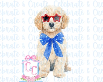 Goldendoodle Golden Doodle Labradoodle Cavapoo Cockapoo Maltipoo Watercolor Dog Clipart PNG Memorial Day Fourth July 4th Labor Independence