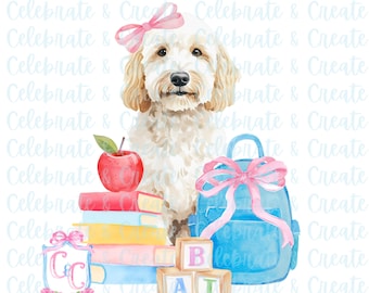 Goldendoodle Golden Doodle Labradoodle 3 Watercolor Dog Puppy Back to School August Fall PNG Clipart Grandmillennial Preppy Clip Art