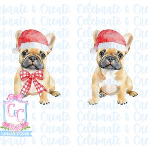 2er-Set Aquarell Weihnachtsmannmütze Französische Bulldogge Bullenhund Frenchie Welpe Geweih & rote Nase PNG Clipart Grandmillennial Doodles AI Weihnachten