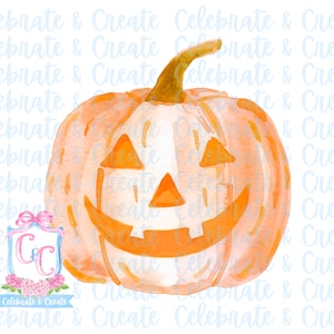 May include: A watercolor painting of an orange pumpkin with a carved jack-o'-lantern face. The pumpkin has a white background.