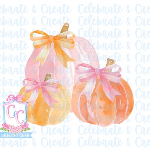 May include: Three watercolor pumpkins with pink and orange hues. The pumpkins are decorated with pink and orange bows. The pumpkins are arranged in a pyramid shape. The background is a light blue color with the text "Celebrate & Create" repeated.
