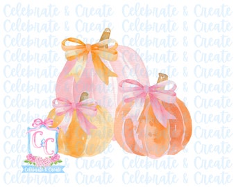Watercolor Pink & Orange Pumpkins with Bow PNG Clipart Clip Art Stationery Grandmillennial Coquette Preppy Halloween Fall Autumn