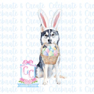 May include: Watercolor painting of a black and white dog wearing bunny ears and holding a basket of colorful Easter eggs. The dog is sitting on a white background with the text "Celebrate & Create" repeated in a light blue color.