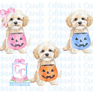 May include: Three watercolor illustrations of a small, white dog holding a Halloween trick-or-treat bucket. The buckets are pink, blue, and orange with jack-o-lantern faces. The dog in the center is holding a bucket with a C&C logo and the text "Celebrate & Create".