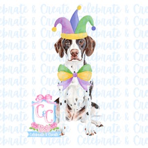 May include: Watercolor illustration of a dog wearing a jester hat and a large bow. The dog has brown and white spots. The hat is purple, green, and yellow. A logo with the text "Celebrate & Create" is at the bottom.