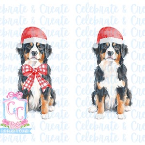 Set van 2 aquarel kerstmuts Berner Sennenhond gewei & rode neus PNG Clipart Grandmillennial Doodles AI Drew kerstrendieren