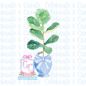 May include: Watercolor illustration of a potted fiddle-leaf fig plant with large green leaves and a brown stem. The blue pot has a bow. A crest with the letters "C&C" and the words "Celebrate & Create" are also shown.