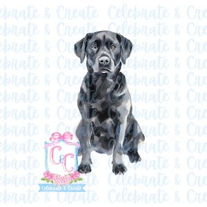 May include: A black Labrador Retriever dog sitting with a pink and blue monogrammed gift box with pink flowers. The text "Celebrate & Create" is below the box.