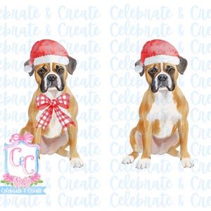 Set van 2 aquarel kerstmuts bokser hond gewei & rode neus PNG clipart Grandmillennial doodles AI Drew kerstrendier