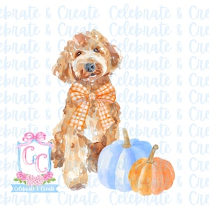 Acuarela Golden Doodle Goldendoodle Labradoodle Perro Naranja Gingham Lazo Calabaza PNG Clipart Grandmillennial Doodles AI Drew Halloween