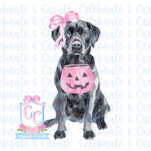 Acuarela rosa niña Halloween negro labrador retriever perro cachorro calabaza caramelo cubo PNG clipart Grandmillennial Preppy Doodles
