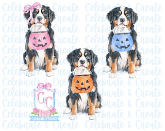 Watercolor Set of 3 Halloween Bernese Mountain Dog Pumpkin Candy Bucket PNG Clipart Grandmillennial Preppy Doodles Costume Fall Stationery