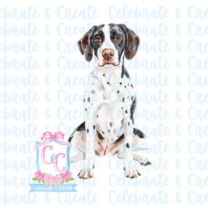Peut inclure: Illustration aquarelle d'un chien tacheté noir et blanc assis, la tête inclinée sur le côté. Le chien est entouré d'un fond bleu clair avec le texte "Celebrate & Create" répété partout.
