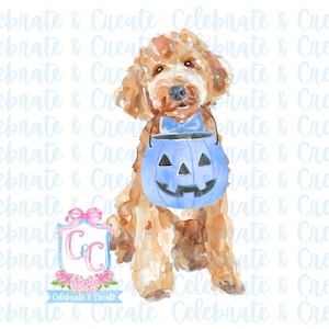 Aquarelle Halloween Golden Doodle Goldendoodle Labradoodle chien bleu noeud papillon citrouille seau de bonbons PNG Coquette Preppy AI Doodles Clipart