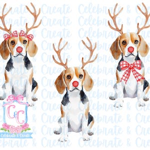 Set van 3 aquarel Rudolph Beagle hond puppy gewei & rode neus PNG clipart Grandmillennial Doodles AI Christmas