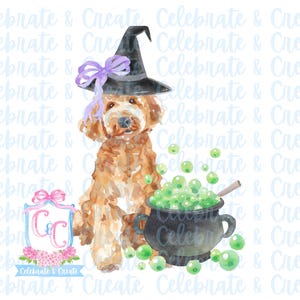 Aquarell Halloween Hexe Golden Doodle Goldendoodle Labradoodle Hund mit sprudelndem Kessel Bogen PNG Clipart Grandmillennial Coquette Preppy