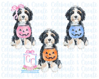 Watercolor Set of 3 Halloween Bernedoodle Saint Bernard Doodle Dog Puppy Pumpkin Candy Bucket PNG Clipart Grandmillennial Preppy Doodles AI