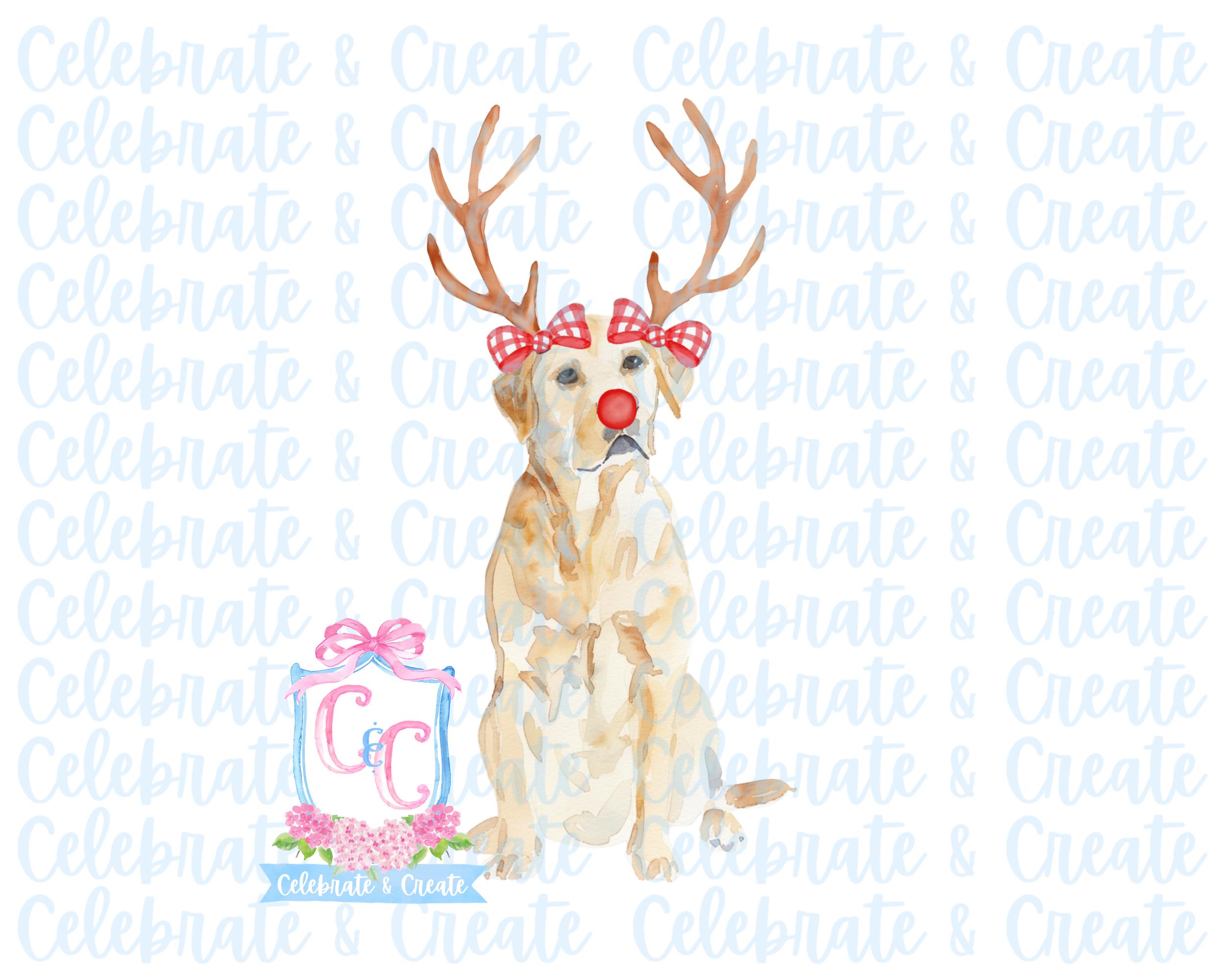 Set of 3 Watercolor Rudolph Yellow Lab Labrador Retriever Dog Antlers ...
