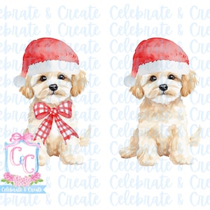 Set van 2 aquarel kerstmuts Maltipoo Cavapoo hond puppy gewei & rode neus PNG clipart Grandmillennial Doodles AI Christmas