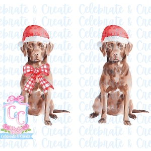 Set van 2 aquarel kerstmuts bruin chocolade labrador retriever hond gewei en rode neus PNG clipart Grandmillennial doodles kerst