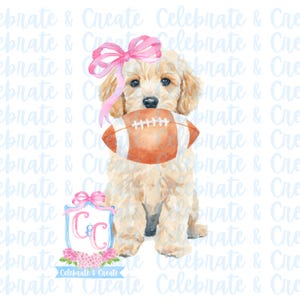 May include: Watercolor illustration of a golden doodle puppy with a pink bow holding a football. The puppy is light brown with a white background. The football is brown and white. The image has the text "Celebrate & Create".