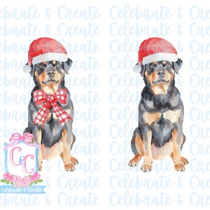 Set van 2 aquarel kerstmuts Rottweiler Rottie hond gewei & rode neus PNG clipart Grandmillennial Doodles AI Drew Christmas Golden