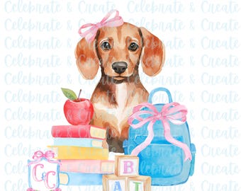 Dachshund Red Brown Watercolor Dog Puppy Back to School August Fall PNG Clipart Grandmillennial Preppy Clip Art