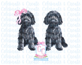 Watercolor Set of 2 Black Golden Doodle Goldendoodle Retriever Poodle Dog Puppy Canine K9 PNG Clipart Grandmillennial Doodles AI Drew